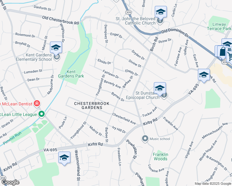 map of restaurants, bars, coffee shops, grocery stores, and more near 6514 Byrnes Drive in McLean
