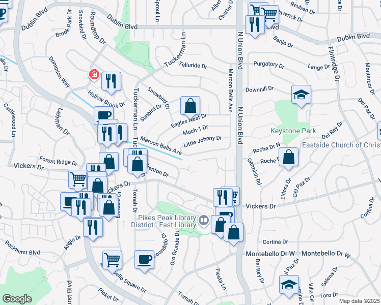 map of restaurants, bars, coffee shops, grocery stores, and more near 2630 Maroon Bells Avenue in Colorado Springs