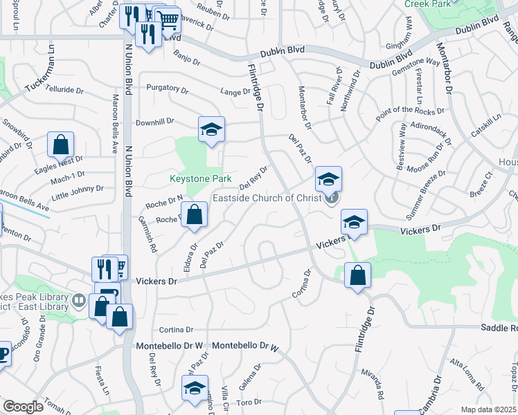 map of restaurants, bars, coffee shops, grocery stores, and more near 5911 Del Paz Drive in Colorado Springs