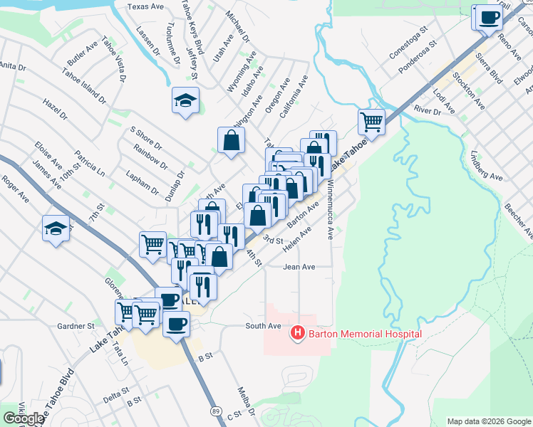 map of restaurants, bars, coffee shops, grocery stores, and more near 2187 Lake Tahoe Boulevard in South Lake Tahoe
