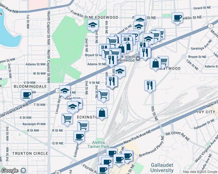 map of restaurants, bars, coffee shops, grocery stores, and more near 101 Independence Avenue Southeast in Washington