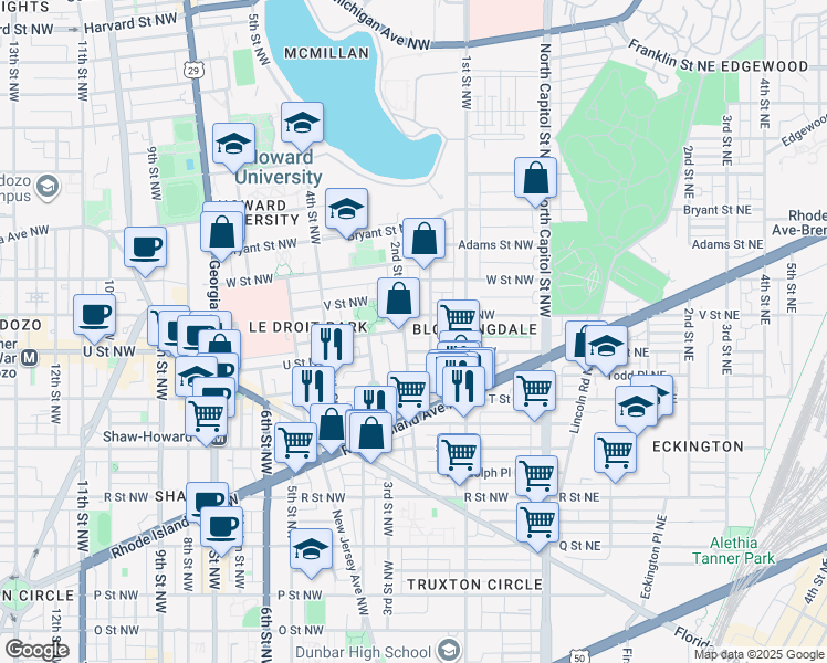 map of restaurants, bars, coffee shops, grocery stores, and more near 101 Independence Avenue Southeast in Washington