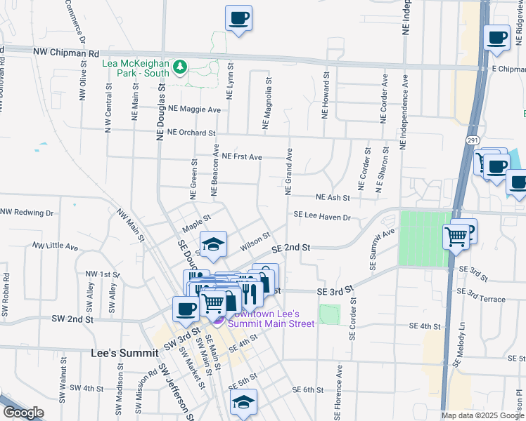 map of restaurants, bars, coffee shops, grocery stores, and more near 310 Southeast 1st Street in Blue Springs