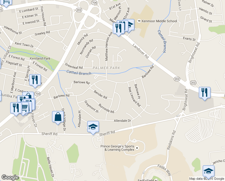 map of restaurants, bars, coffee shops, grocery stores, and more near 2000 Palmer Park Road in Greater Landover