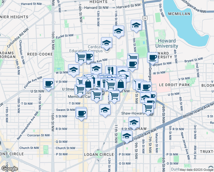 map of restaurants, bars, coffee shops, grocery stores, and more near 2020 12th Street Northwest in Washington