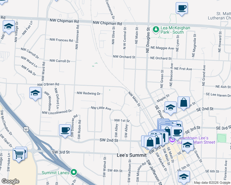 map of restaurants, bars, coffee shops, grocery stores, and more near 3 Northwest O'Brien Road in Lee's Summit