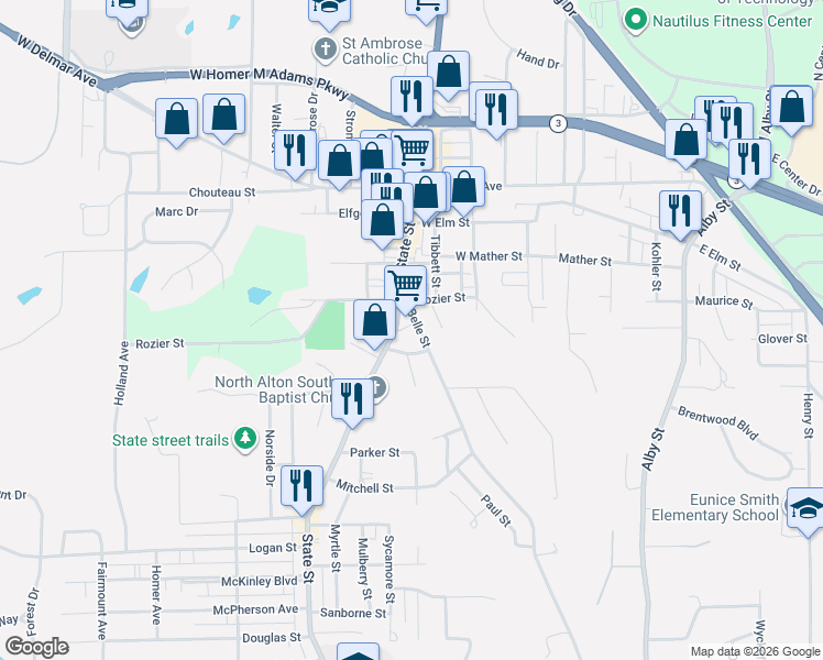 map of restaurants, bars, coffee shops, grocery stores, and more near 3332 Belle Street in Alton