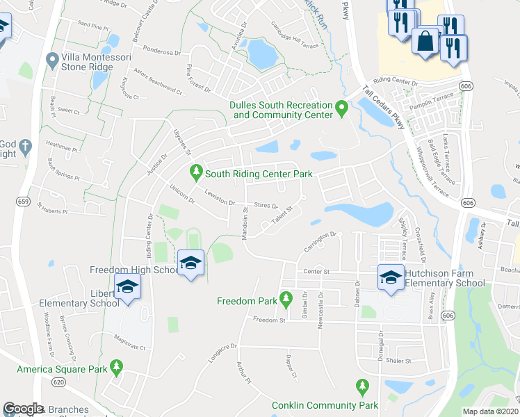 map of restaurants, bars, coffee shops, grocery stores, and more near 42563 Stires Drive in Chantilly