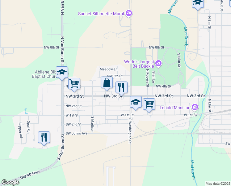 map of restaurants, bars, coffee shops, grocery stores, and more near 1304 Northwest 3rd Street in Abilene