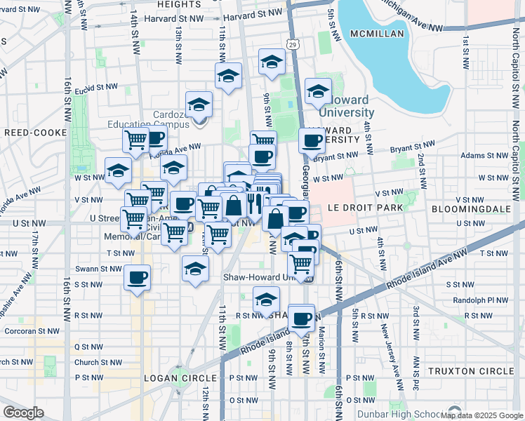 map of restaurants, bars, coffee shops, grocery stores, and more near 2015 Vermont Avenue Northwest in Washington