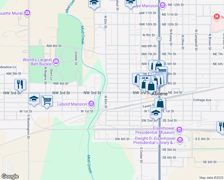 map of restaurants, bars, coffee shops, grocery stores, and more near 612 Northwest 3rd Street in Abilene