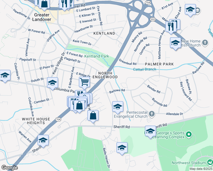 map of restaurants, bars, coffee shops, grocery stores, and more near 1931 Village Green Drive in Hyattsville