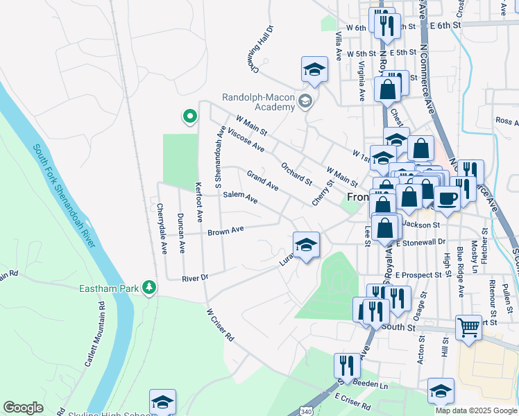map of restaurants, bars, coffee shops, grocery stores, and more near 326 Salem Avenue in Front Royal