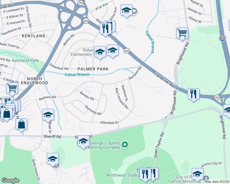 map of restaurants, bars, coffee shops, grocery stores, and more near 2016 Ray Leonard Road in Greater Landover