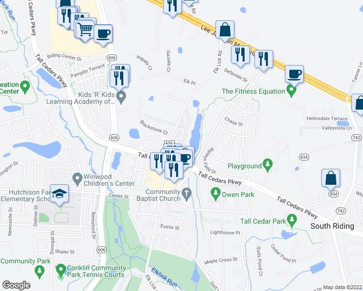 map of restaurants, bars, coffee shops, grocery stores, and more near 25300 Lake Mist Square in Chantilly