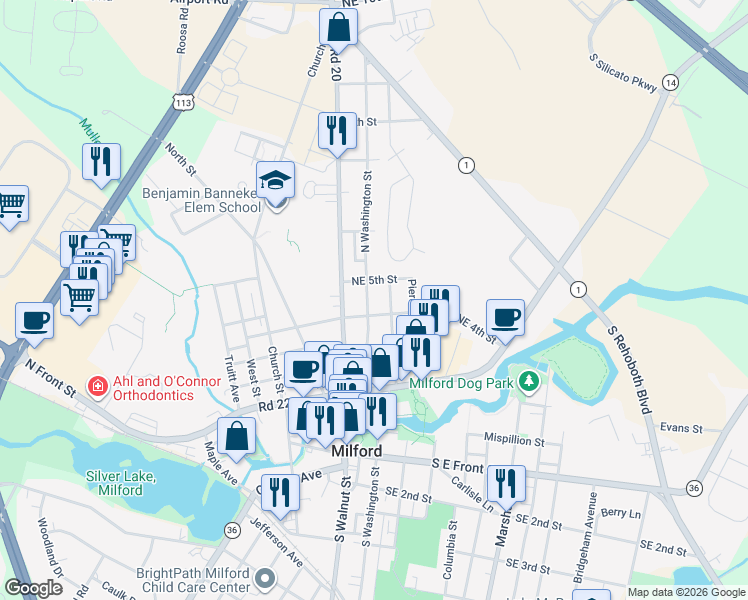 map of restaurants, bars, coffee shops, grocery stores, and more near 403 North Washington Street in Milford