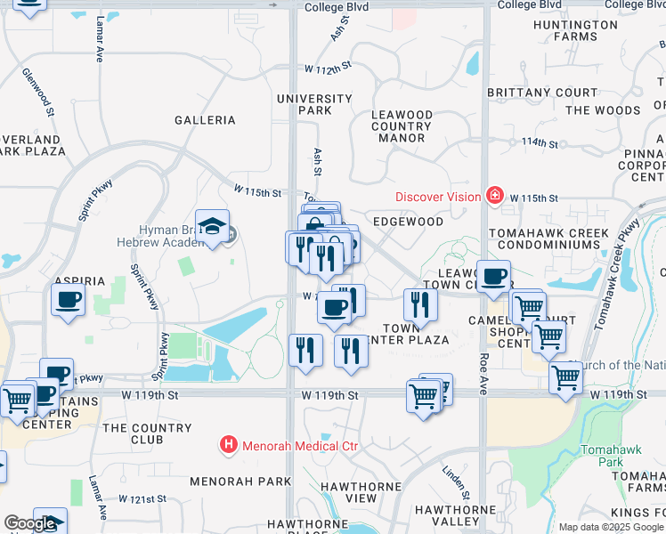 map of restaurants, bars, coffee shops, grocery stores, and more near 5252 West 116th Place in Leawood