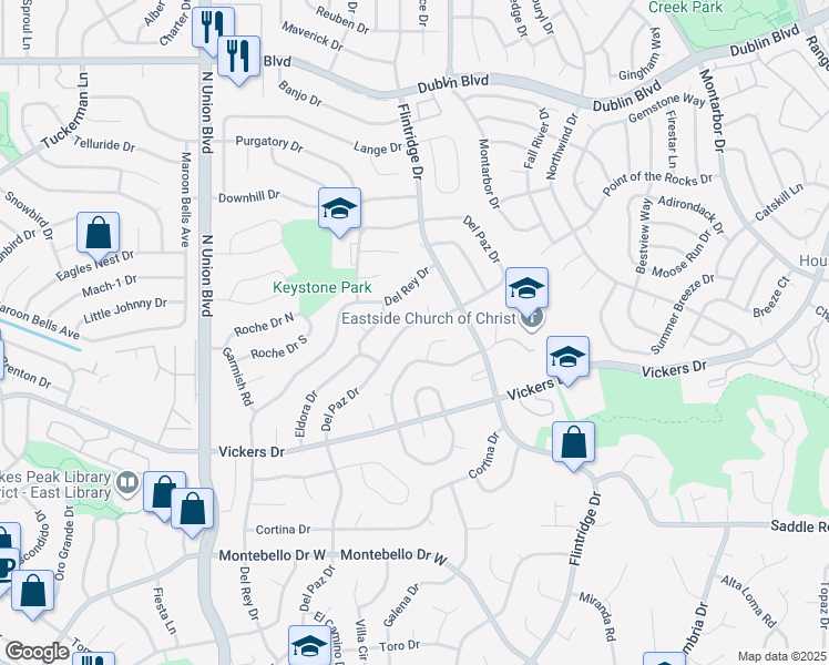 map of restaurants, bars, coffee shops, grocery stores, and more near 5911 Del Paz Drive in Colorado Springs
