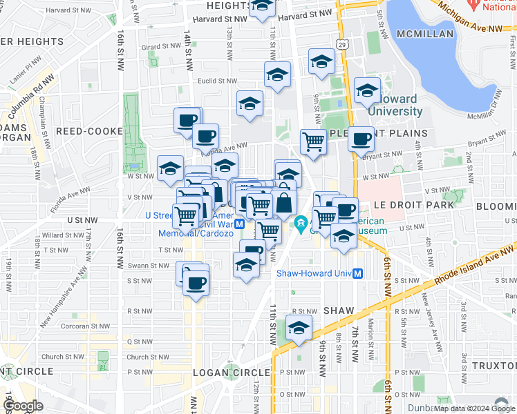 map of restaurants, bars, coffee shops, grocery stores, and more near 2001 12th Street Northwest in Washington