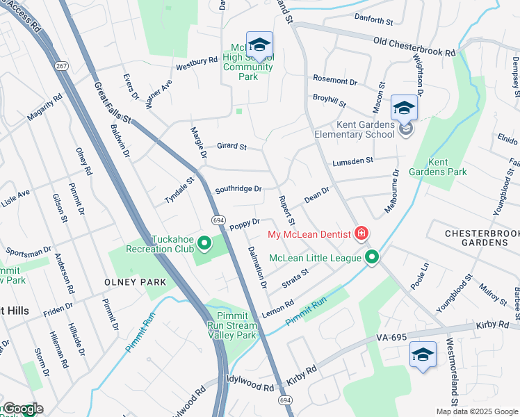 map of restaurants, bars, coffee shops, grocery stores, and more near 6927 Espey Lane in McLean