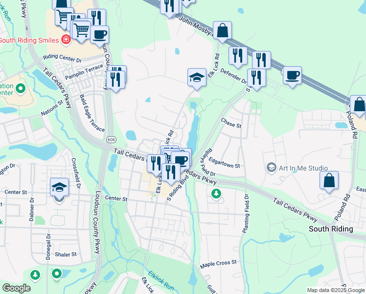 map of restaurants, bars, coffee shops, grocery stores, and more near 43114 Watercrest Square in Chantilly