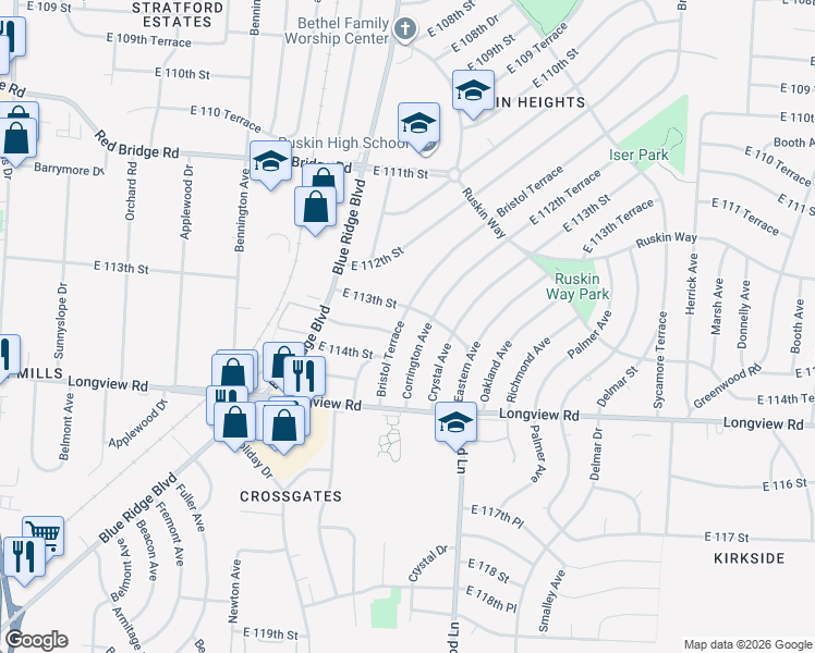 map of restaurants, bars, coffee shops, grocery stores, and more near 11305 Bristol Terrace in Kansas City