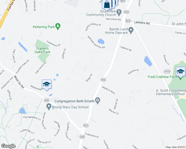 map of restaurants, bars, coffee shops, grocery stores, and more near 2703 Reign Street in Herndon