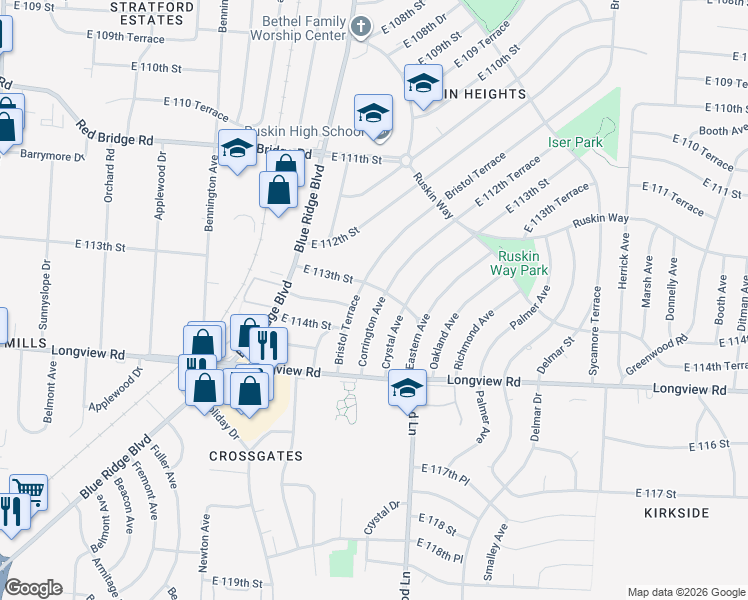 map of restaurants, bars, coffee shops, grocery stores, and more near 11305 Bristol Terrace in Kansas City