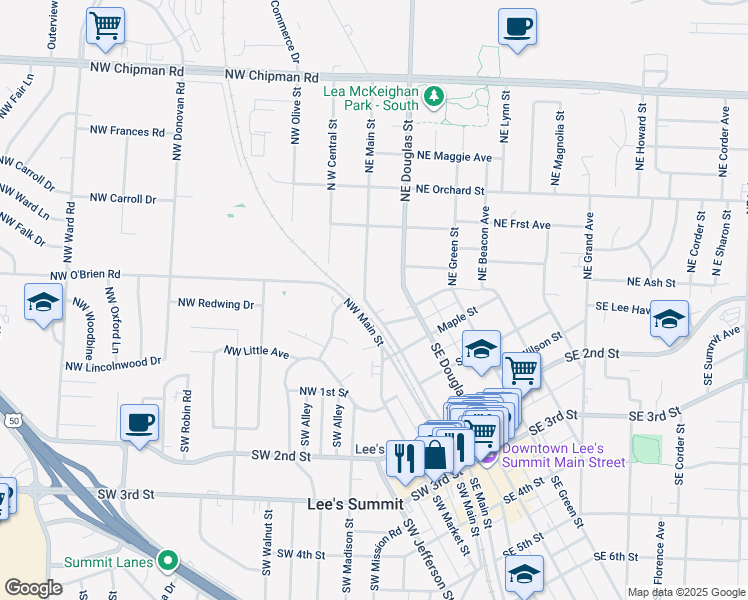 map of restaurants, bars, coffee shops, grocery stores, and more near 207 Northeast Main Street in Lee's Summit