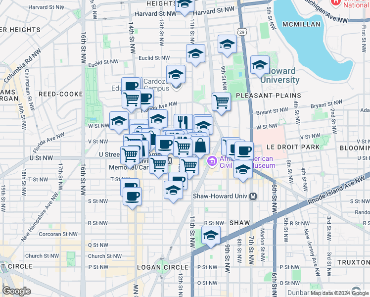 map of restaurants, bars, coffee shops, grocery stores, and more near 2004 11th Street Northwest in Washington