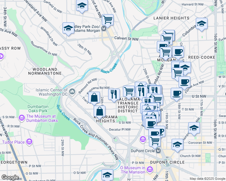 map of restaurants, bars, coffee shops, grocery stores, and more near 2300 Kalorama Road Northwest in Washington