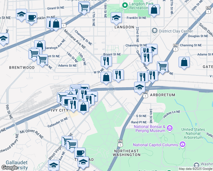 map of restaurants, bars, coffee shops, grocery stores, and more near 101 Independence Avenue Southeast in Washington