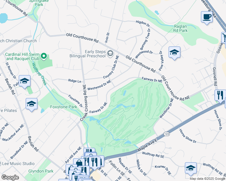map of restaurants, bars, coffee shops, grocery stores, and more near 929 Fairway Drive Northeast in Vienna