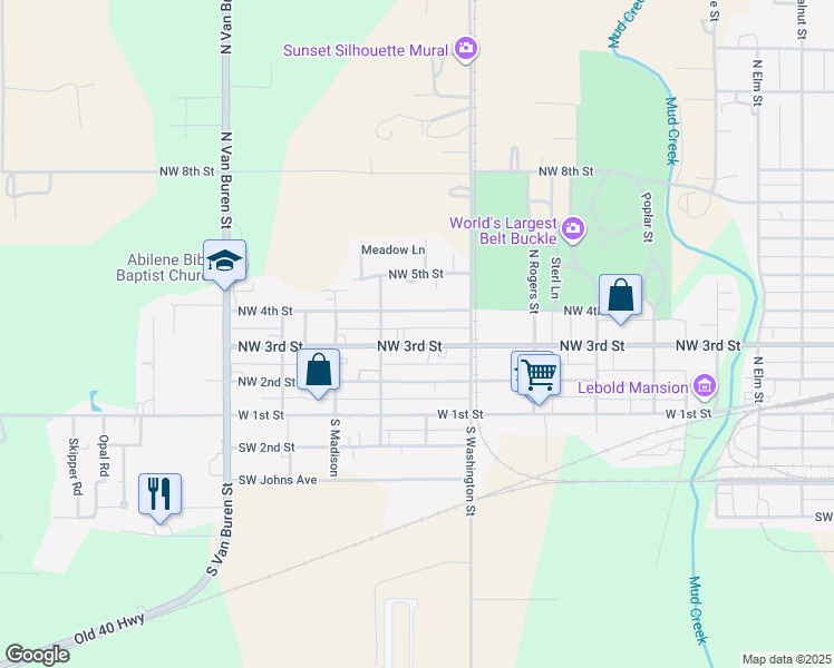 map of restaurants, bars, coffee shops, grocery stores, and more near 1304 Northwest 3rd Street in Abilene