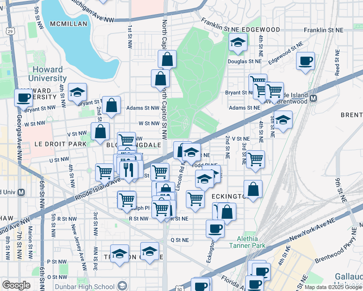 map of restaurants, bars, coffee shops, grocery stores, and more near 44 Rhode Island Avenue Northeast in Washington