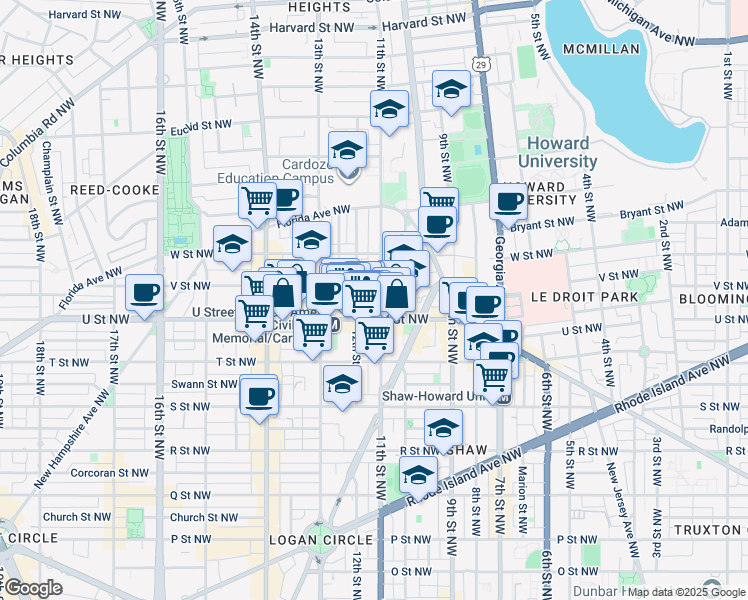 map of restaurants, bars, coffee shops, grocery stores, and more near 2004 11th Street Northwest in Washington