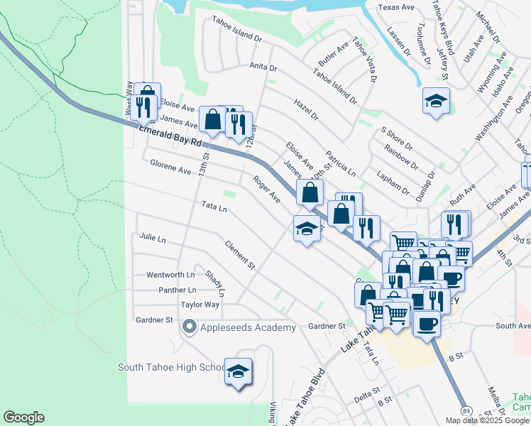 map of restaurants, bars, coffee shops, grocery stores, and more near 772 Glorene Avenue in South Lake Tahoe