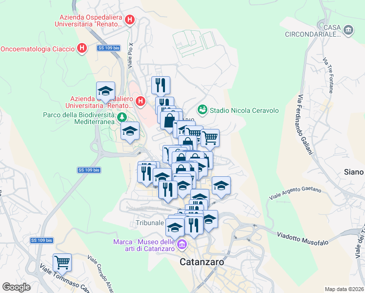 map of restaurants, bars, coffee shops, grocery stores, and more near 12-16 Via Cortese Vinicio in Catanzaro
