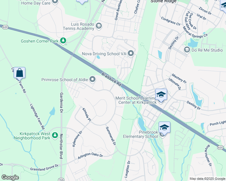 map of restaurants, bars, coffee shops, grocery stores, and more near 25374 Kinsale Place in Aldie