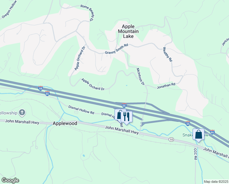 map of restaurants, bars, coffee shops, grocery stores, and more near 11 Lodi Court in Apple Mountain Lake