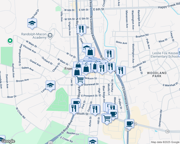 map of restaurants, bars, coffee shops, grocery stores, and more near 201 East Main Street in Front Royal