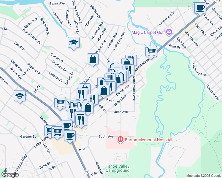 map of restaurants, bars, coffee shops, grocery stores, and more near 2187 Lake Tahoe Boulevard in South Lake Tahoe