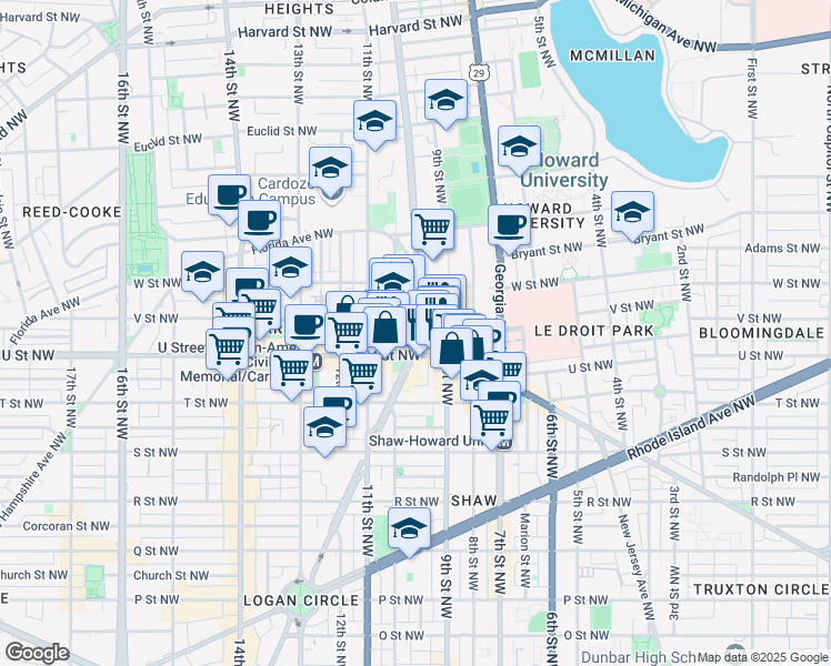map of restaurants, bars, coffee shops, grocery stores, and more near 2001 10th Street Northwest in Washington