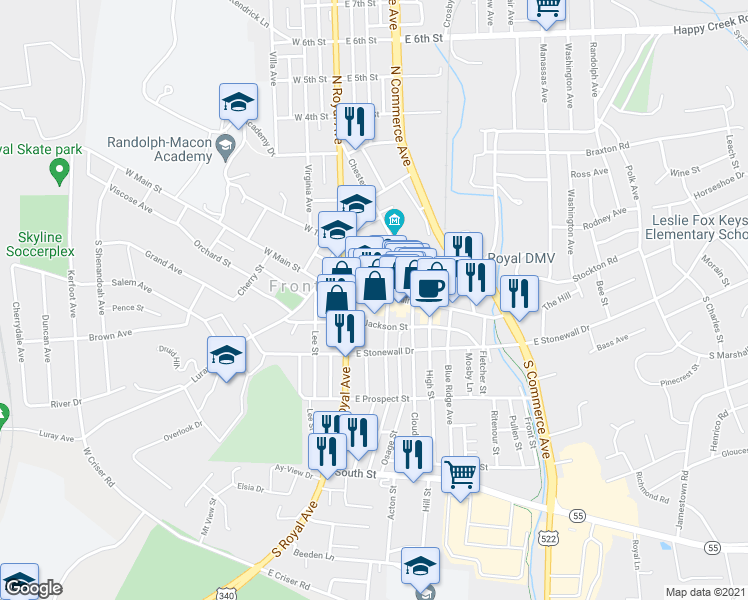 map of restaurants, bars, coffee shops, grocery stores, and more near 117 East Main Street in Front Royal