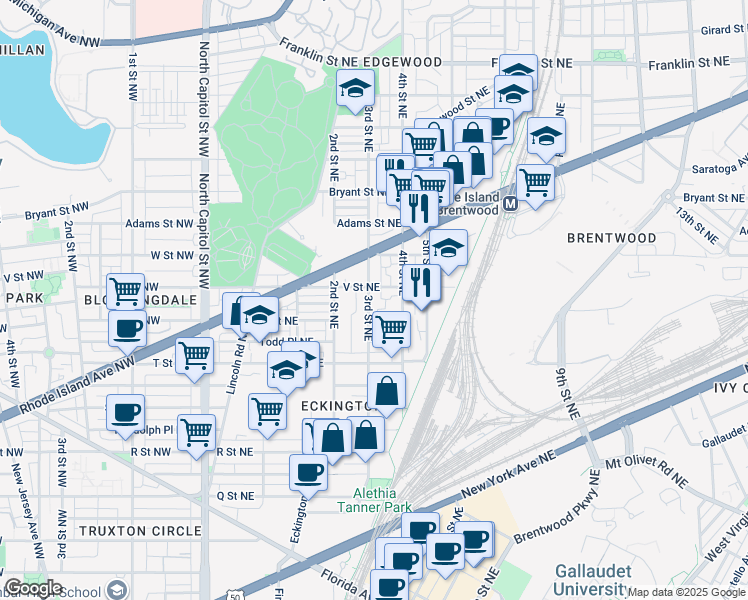 map of restaurants, bars, coffee shops, grocery stores, and more near 2025 3rd Street Northeast in Washington