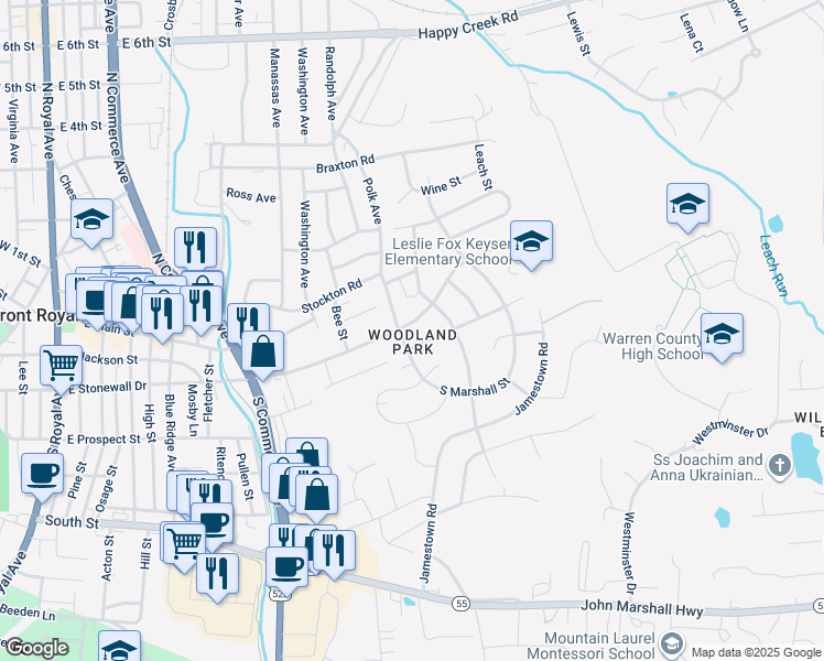 map of restaurants, bars, coffee shops, grocery stores, and more near 809 East Stonewall Drive in Front Royal