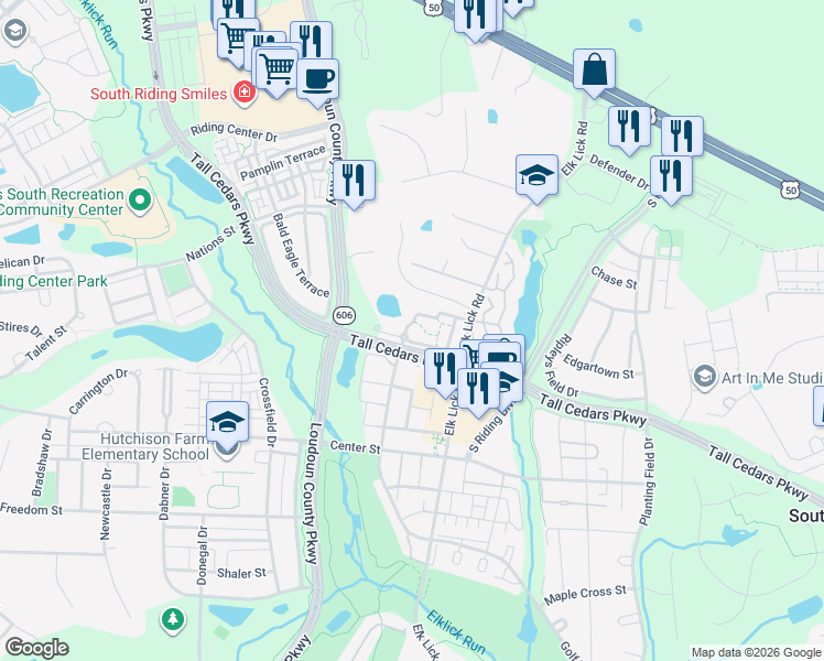 map of restaurants, bars, coffee shops, grocery stores, and more near 43001 Thoroughgood Drive in Chantilly
