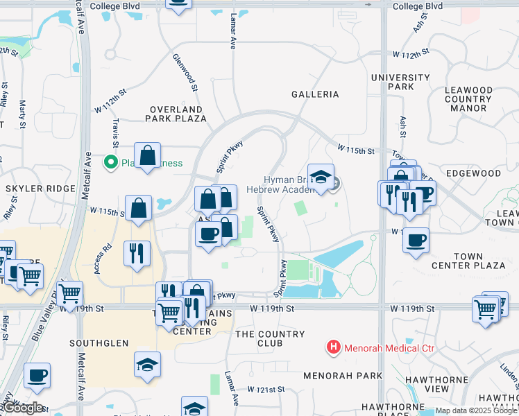 map of restaurants, bars, coffee shops, grocery stores, and more near 6160 Sprint Parkway in Overland Park