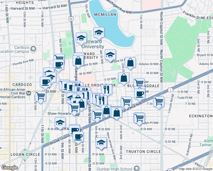 map of restaurants, bars, coffee shops, grocery stores, and more near 101 Independence Avenue Southeast in Washington
