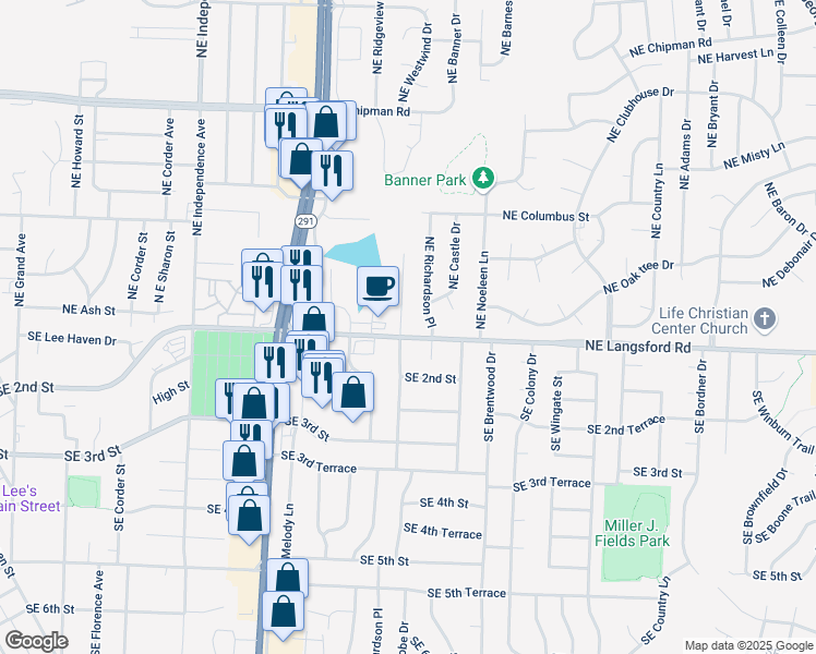 map of restaurants, bars, coffee shops, grocery stores, and more near 998 East Langsford Road in Lee's Summit